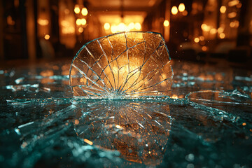 Poster - Trace of a broken glass on a table, symbolizing a recent accident and its aftermath. Concept of household accidents and cleanup.