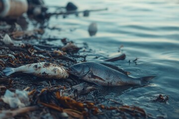 Aufkleber - A dead fish lies on the shore, surrounded by floating plastic waste and oil spills, illustrating severe pollution in the ocean. Generative AI