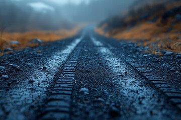 Poster - faded tire marks on a deserted road, indicating a recent vehicle's path. concept of transportation a