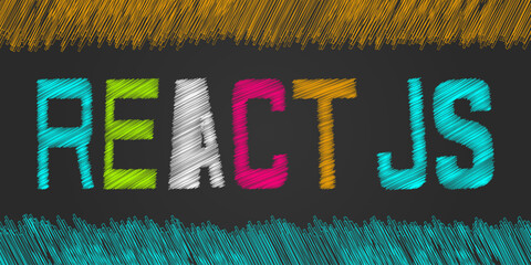 Vibrant representation of React js text in the style of string art on a dark background. The letters are woven with colored threads. Web development, programming, tech. Stock vector illustration.