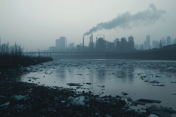 Poster - A dense layer of smog envelops a contemporary metropolis, revealing factory silhouettes and a river strewn with plastic waste. Generative AI