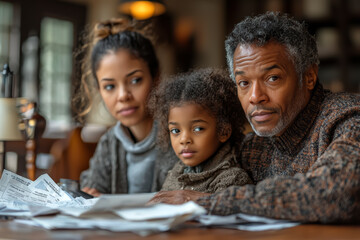 Sticker - A family sitting around a table with a pile of medical bills and insurance forms, representing the financial burden of healthcare costs.