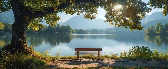 Wall Mural - Tranquil lakeside bench in a serene nature setting with a majestic tree and mountains in the distance.