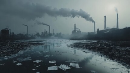 Poster - A heavy layer of smog obscures a bustling metropolis, while factories loom and plastic waste floats on a polluted river. Generative AI