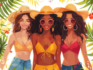 Wall Mural - Three women wearing yellow bikinis and sunglasses are posing for a picture. Scene is fun and carefree, as the women are smiling and enjoying themselves