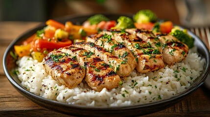 Wall Mural - Plate of white rice topped with grilled chicken and vegetables