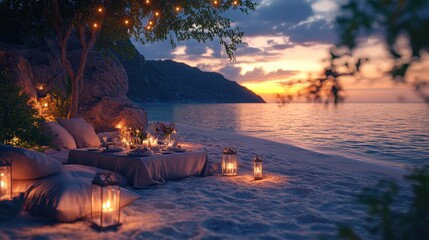 create an intimate beach dinner with lanterns, soft cushions, and a stunning sea view for a romantic evening ideal concept banner design