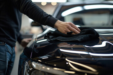 A man polishes a car with a yellow cloth,