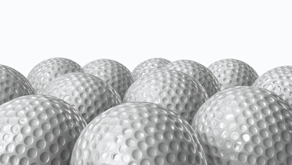 Wall Mural - Many golf balls together closeup isolated on white. Textured background of used golf balls. Professional sports industry, equipment hobby participation. White golf balls background. Banner. Close up 