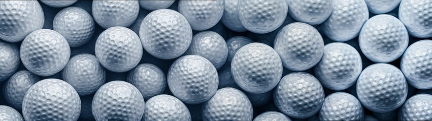 Many golf balls together closeup isolated on white. Textured background of used golf balls. Professional sports industry, equipment hobby participation. White golf balls background. Banner. Close up 