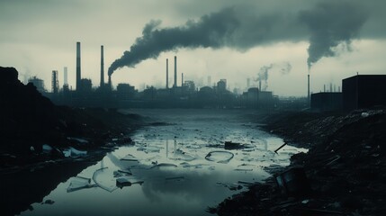 Poster - A dense layer of smog blankets a bustling city, obscuring factory silhouettes while the river showcases alarming plastic pollution. Generative AI