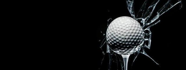 Golf ball close-up on a black background of broken glass. Textured background made from a used golf ball. White golf ball on a black background. Banner. Close up