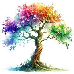 Wall Mural - Illustration of a beautifully painted, rainbow-colored tree with various shades of green and purple leaves. The different colors and shades of green and purple create a vibrant atmosphere.