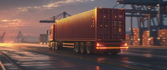 This sunset glow illuminates a freight truck navigating a highway, representing the global commodity supply chain and price development that is influenced by logistics