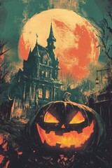 Halloween 80s background. Halloween pumpkins jack lantern and old castle on night background with full Moon, illustration. Halloween retro background. Orange color element