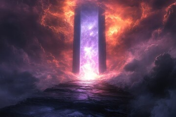 Wall Mural - a purple and orange tunnel with a light shining through it