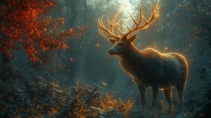 mystical aigenerated deer in enchanted forest ethereal glow fractal antlers surreal foliage dreamlike color palette digital brushstrokes