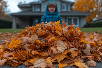 Canvas Print - A stack of freshly raked leaves in a front yard, with a child playing and jumping into the pile. Concept of outdoor play and fall chores.