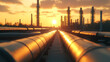 © Thiago - Industrial oil pipeline at sunset, metal gas pipes leading to refinery silhouette, energy fuel infrastructure under golden sky