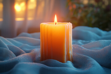 Wall Mural - A single lit candle on a bare, white tablecloth, casting a gentle glow in a minimalist setting. Concept of tranquility and simple ambiance.