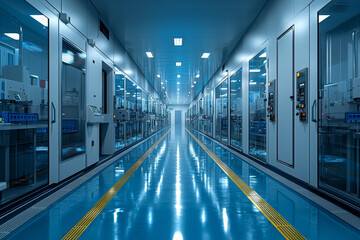 Poster - a semiconductor fabrication facility with cleanroom environments and precision machinery, showcasing