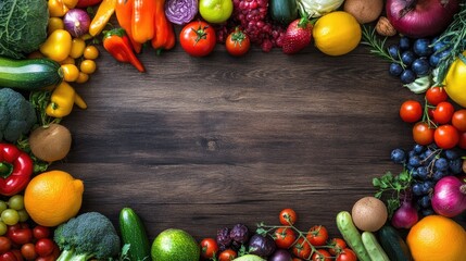 Wall Mural - A colorful display of fresh fruits and vegetables on a wooden table, representing healthy eating and sustainability on World Food Day.