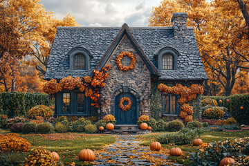 Sticker - A picturesque farmhouse with ivy-covered walls and a front yard adorned with pumpkins and autumn wreaths. Concept of rustic autumn charm and seasonal decor.