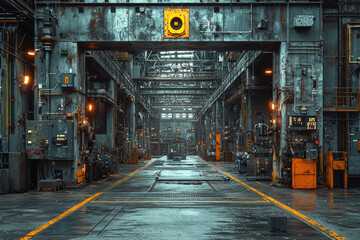 Poster - a metal forging facility with molten metal and heavy-duty presses, demonstrating industrial metalwor