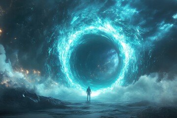 Wall Mural - A man stands in front of a large blue hole in the sky