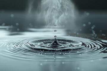 Poster - A droplet of water on a smooth surface, slowly evaporating and leaving behind a detailed residue pattern. Concept of evaporation and residue formation.