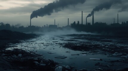 Poster - A modern metropolis grapples with heavy smog from factories, while a river floats with plastic debris and broken environmental symbols. Generative AI