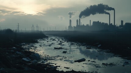 Poster - A dense layer of smog hangs over a city, silhouetted factories loom on the horizon, while plastic debris floats in the contaminated river. Generative AI