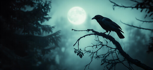 a crow perched on a tree branch with the full moon in the background on halloween night