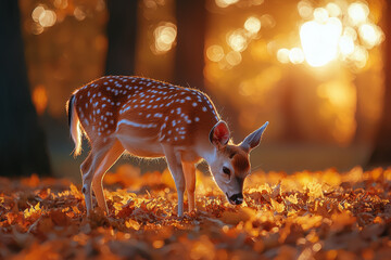 Canvas Print - A deer grazing in a meadow surrounded by autumn foliage, with the sun setting in the background. Concept of wildlife in fall and nature's beauty.