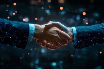 Businessmen shaking hands on dark background, symbolizing success in corporate collaboration