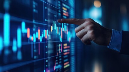 Poster - A digital chart showing rising stock prices with a businessman pointing at the graph, symbolizing financial growth and market success.