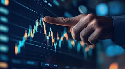 Poster - A digital chart showing rising stock prices with a businessman pointing at the graph, symbolizing financial growth and market success.