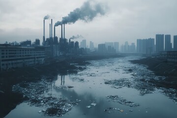 Poster - A dense layer of smog envelops a modern metropolis, with factories silhouetted on the horizon above a contaminated river full of plastic waste. Generative AI