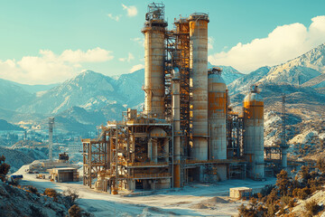 Wall Mural - A cement plant with kilns and grinding mills, highlighting the production of construction materials. Concept of cement manufacturing and infrastructure development.