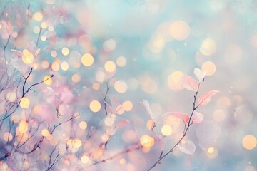 Sticker - Soft pastel leaves and glowing bokeh lights create a tranquil atmosphere in a serene garden during early spring