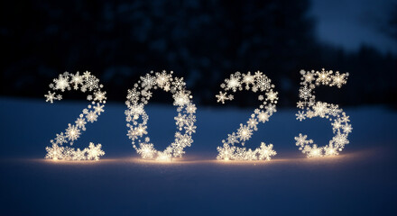 Poster - Snowflakes shining in 2025 New Year celebration on a winter night