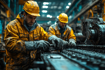 Poster - workers in protective gear operating heavy machinery in a steel plant, highlighting safety and indus