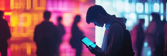 Poster - Bowed heads fixate on smartphones, surrounded by digital codes, reflecting isolation in our tech-driven world. Generative AI