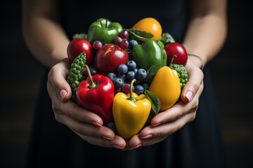 Hands holding a heart-shaped model made of fruits and vegetables. Concept of nutrition and heart health. Generative Ai.