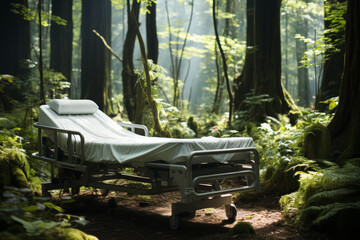 Canvas Print - A hospital bed placed in the middle of a forest. Concept of healing through nature. Generative Ai.