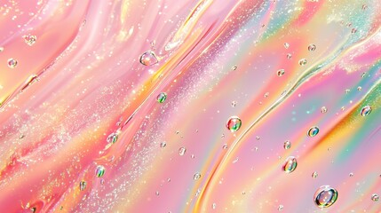 Canvas Print - Abstract pink and rainbow liquid texture with droplets glistening under soft light in a dreamy, colorful environment