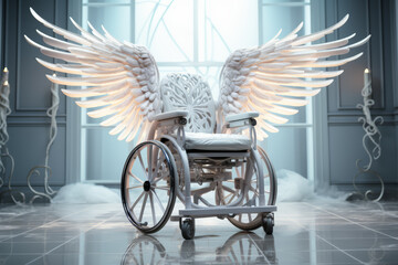 Wall Mural - A wheelchair with wings attached to its back. Concept of mobility and freedom for the disabled. Generative Ai.