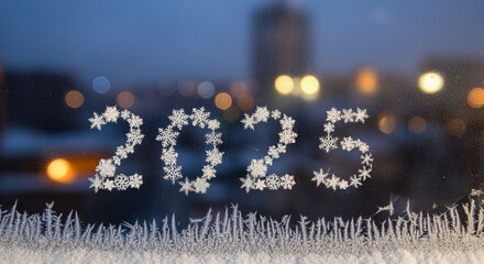 Poster - Frosted window with snowflakes forming 2025 number and blurred city lights background