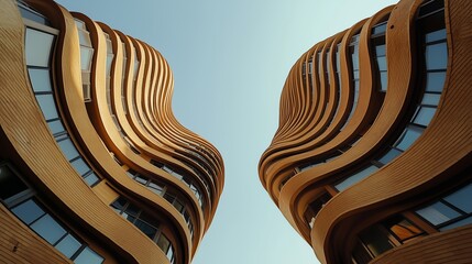 Poster - wavy architectural design of modern buildings under a clear blue sky in an urban environment