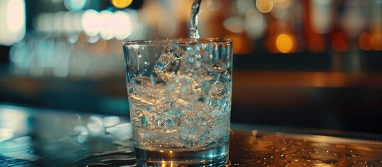 Poster - Casual Drinking Selective Focus Of Cold Clear Water Pouring In Glass Which Standing On Table